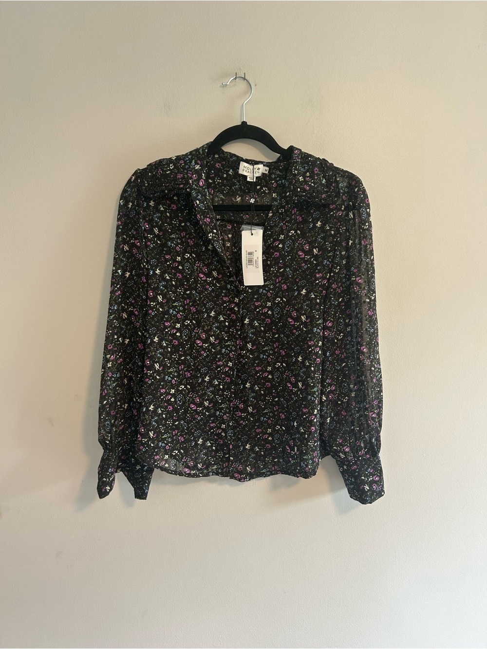 NEW Molly Bracken medium Black, purple & blue Floral Button-Down sheer Blouse